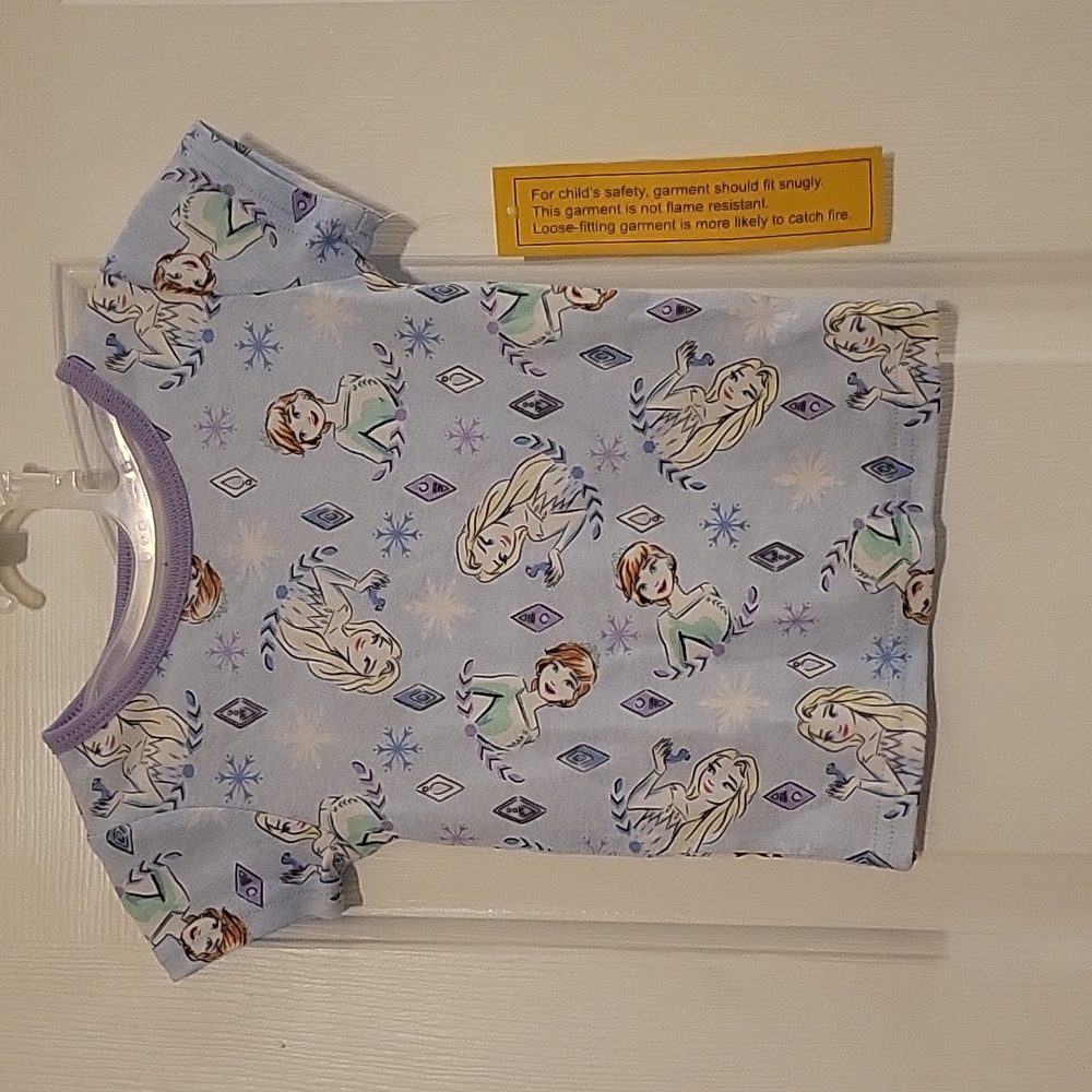 Childrens 3T Disney Frozen Tee Shirt. Light blue base, lavender trim, colorful.